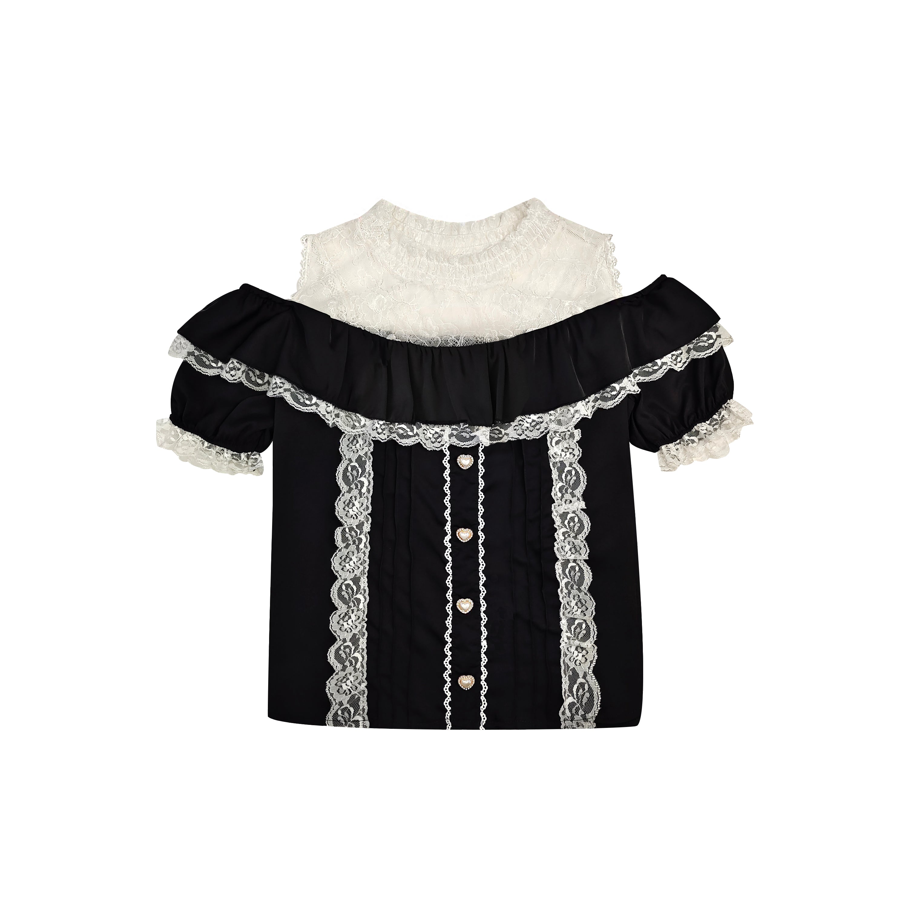Gothic black and white lace trim blouse for Lolita or Harajuku fashion puff sleeve blouse bow detail shirt Japanese style top